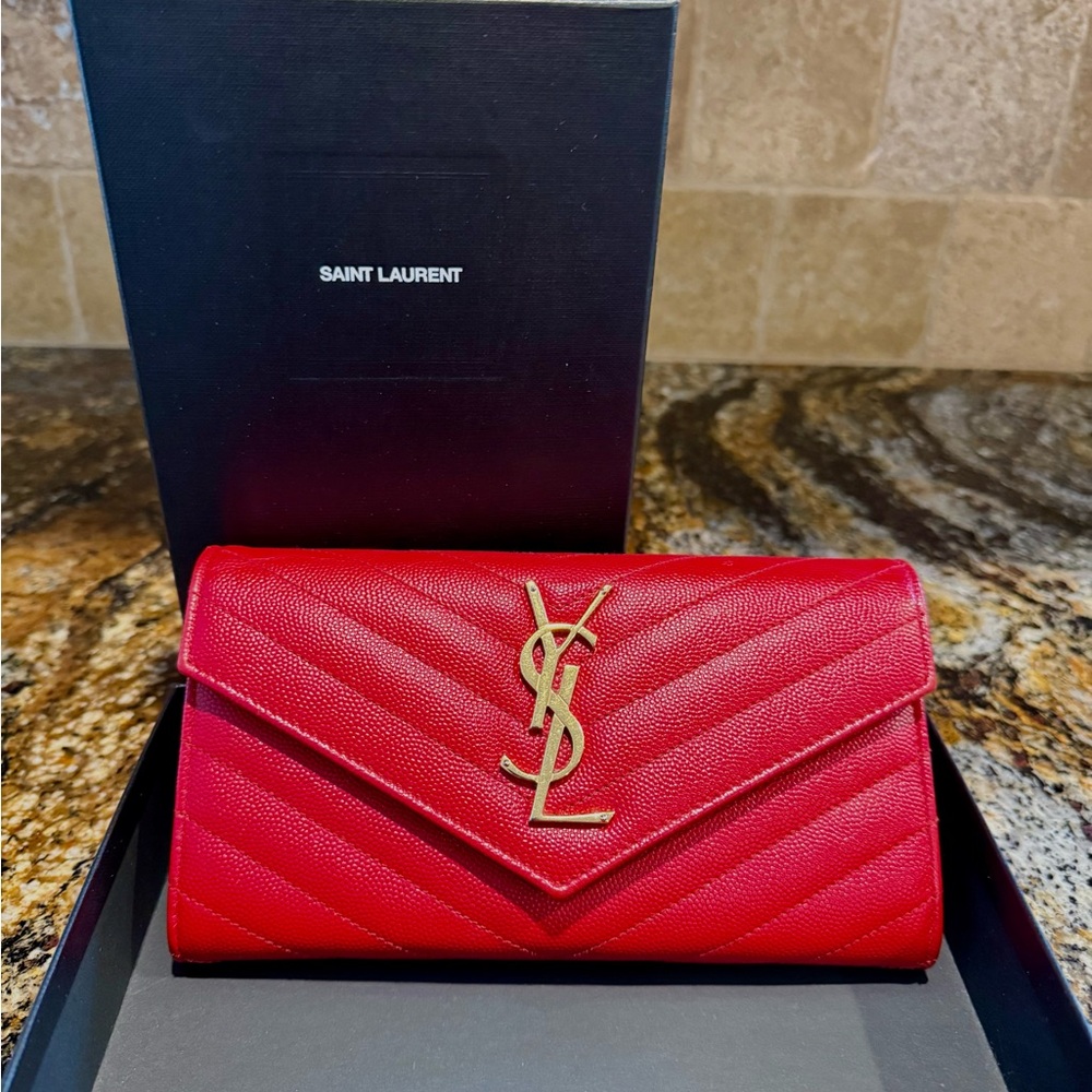 Authentic Yves Saint Laurent Red Quilted Envelope Wallet with Gold YSL Monogram